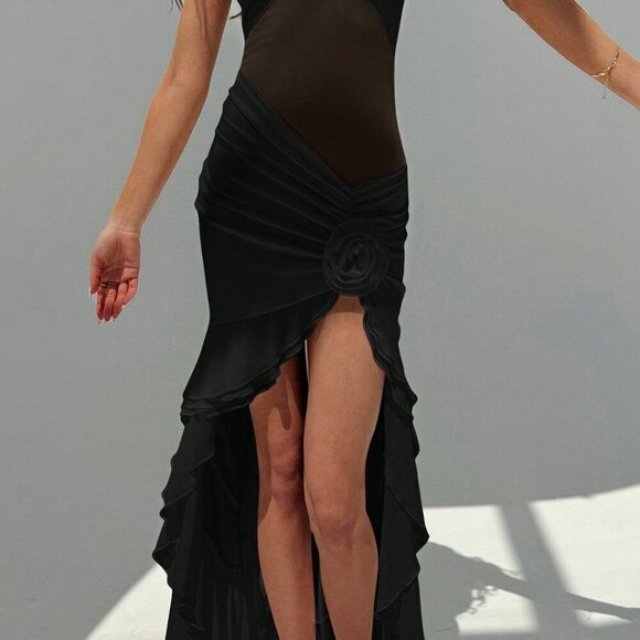 Black Sexy Women's Deep V-Neck Backless Layered Ruffled Hem 3D Floral Dress - Picture 5 of 8